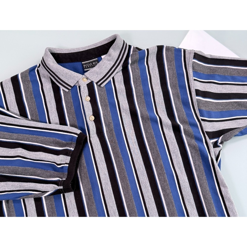 VTG Bugle Boy Polo Shirt Mens XL Multicolor Stripe Short Sleeve Button Up Preppy